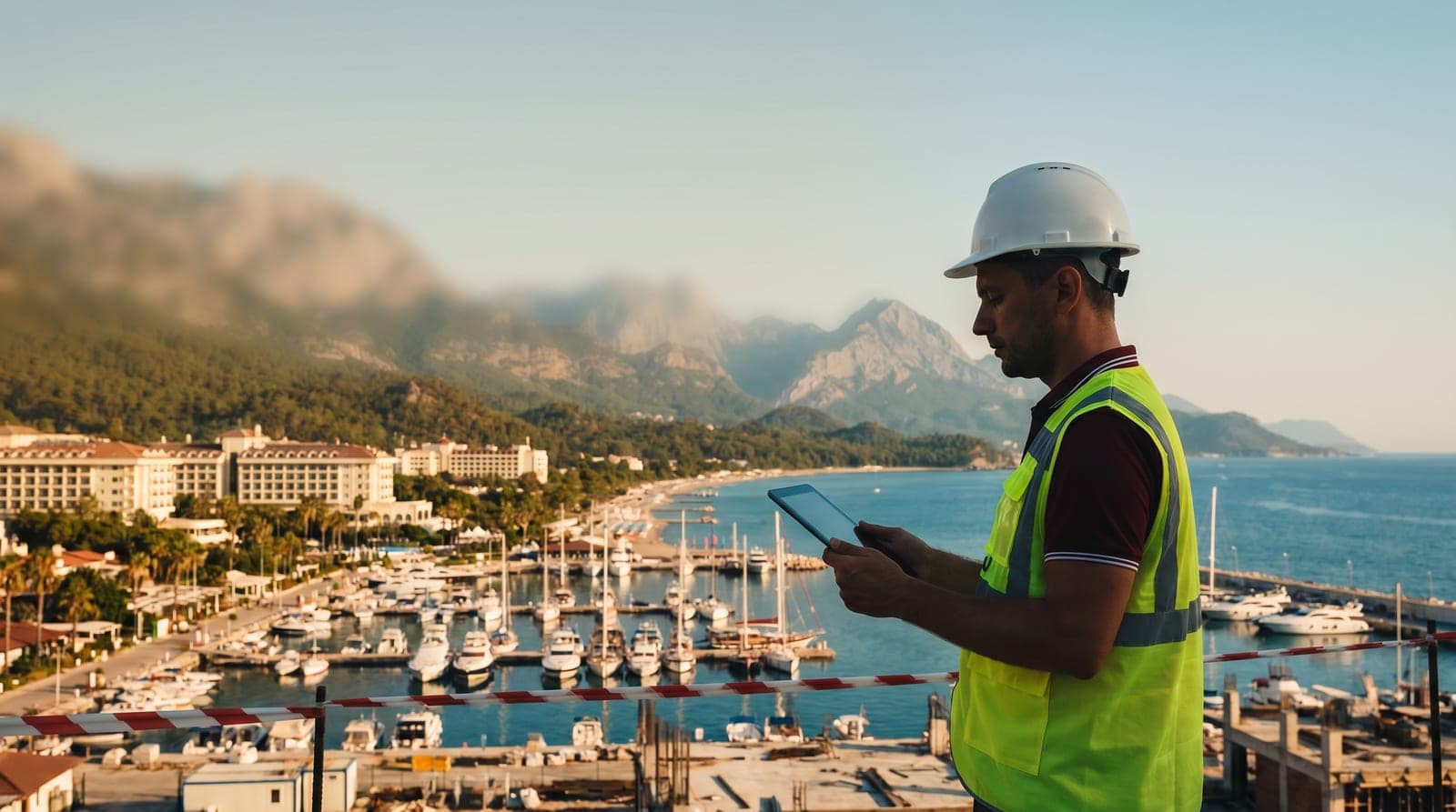 Kemer iş güvenliği kursu — dağ, deniz, oteller ve marina önünde baretli iş güvenliği uzmanı