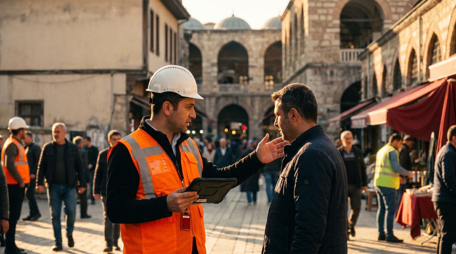 Osmangazi iş güvenliği kursu — tarihi han ve ticaret merkezi önünde baretli iş güvenliği uzmanı