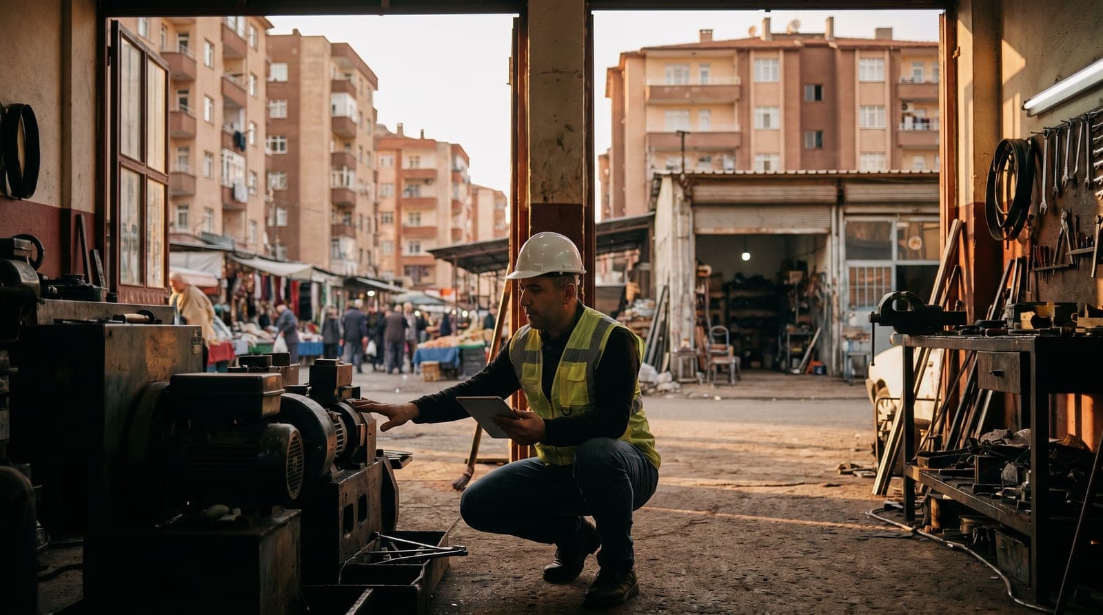 Bağlar iş güvenliği kursu — yoğun konut ve çarşı dokusunda baretli iş güvenliği uzmanı