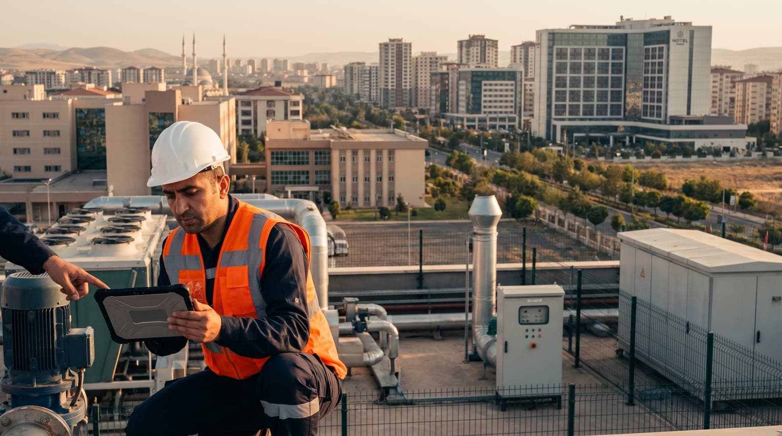 Yenişehir iş güvenliği kursu — üniversite ve hastane dokusunda baretli iş güvenliği uzmanı