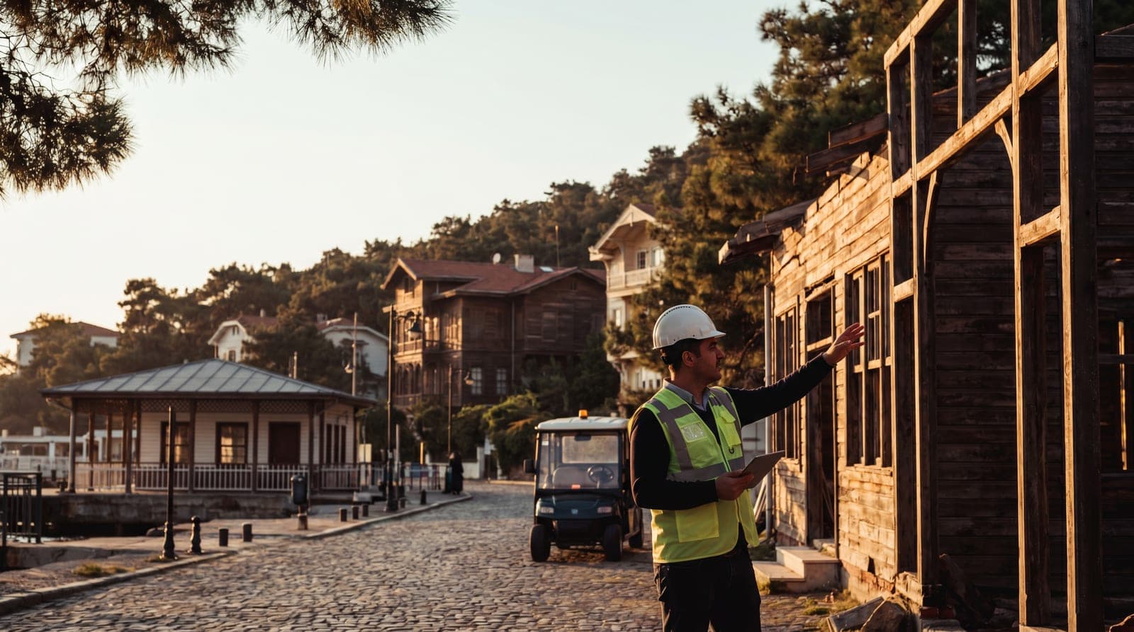 Adalar iş güvenliği kursu — Büyükada'nın tarihi ahşap köşkleri ve vapur iskelesi çevresinde baretli iş güvenliği uzmanı