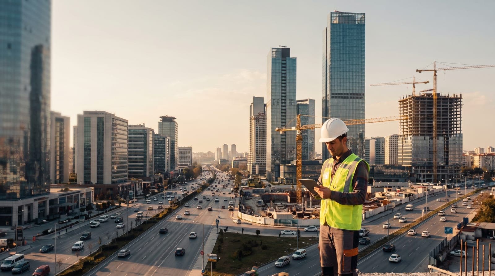Ataşehir iş güvenliği kursu — İstanbul Finans Merkezi gökdelenleri önünde baretli iş güvenliği uzmanı