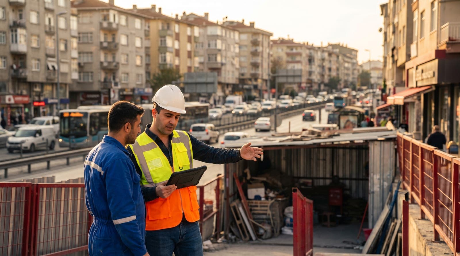 Bahçelievler iş güvenliği kursu — Şirinevler metrobüs aksı ve yoğun ticaret dokusunda baretli iş güvenliği uzmanı