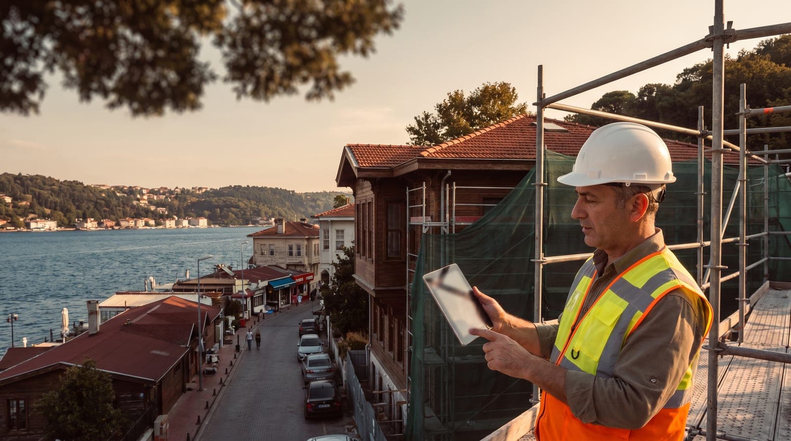 Beykoz iş güvenliği kursu — Boğaz kıyısı ve ormanlık dokusunda tarihi yapı restorasyonu çevresinde baretli iş güvenliği uzmanı