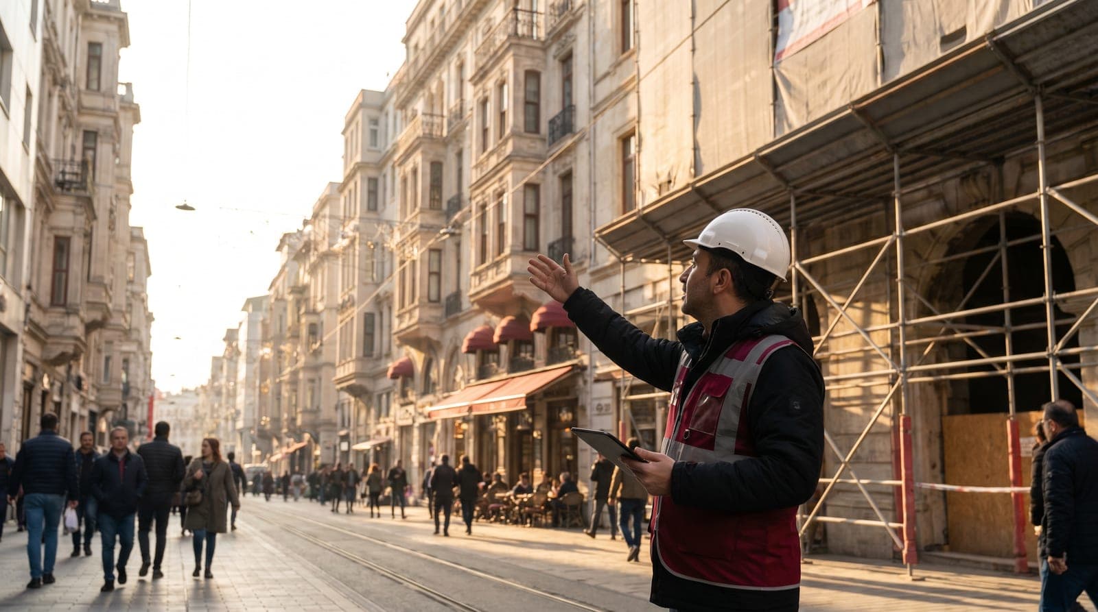 Beyoğlu iş güvenliği kursu — İstiklal Caddesi çevresi tarihi yapı restorasyonunda baretli iş güvenliği uzmanı