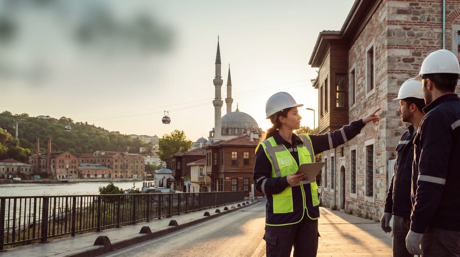 Eyüpsultan iş güvenliği kursu — Eyüp Sultan Camii, teleferik ve Haliç kıyısı çevresinde baretli iş güvenliği uzmanı