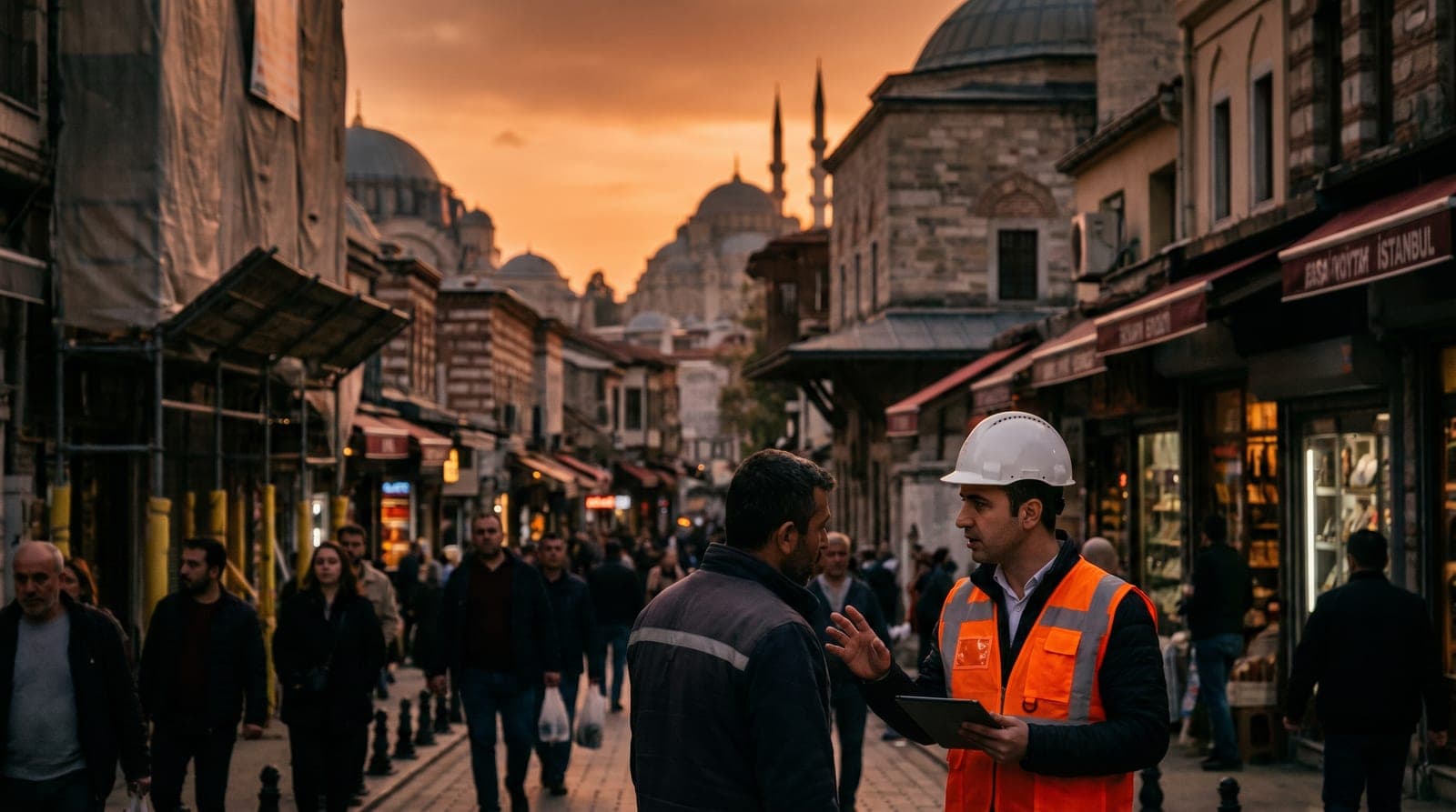 Fatih iş güvenliği kursu — tarihi yarımada ve restorasyon şantiyesi çevresinde baretli iş güvenliği uzmanı