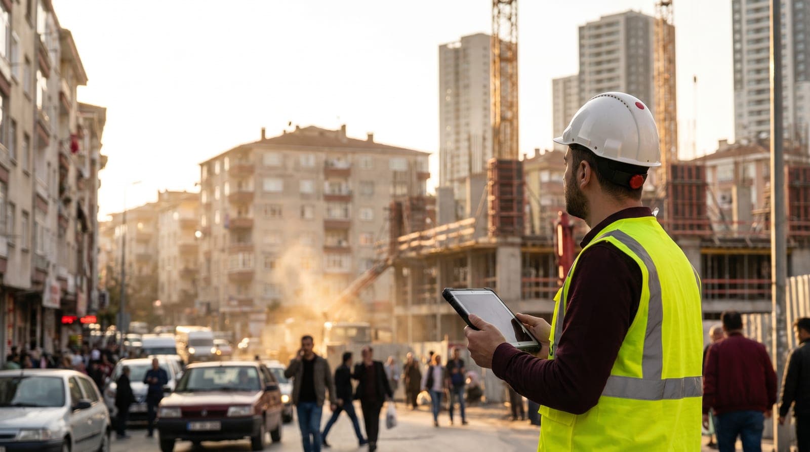 Gaziosmanpaşa iş güvenliği kursu — kentsel dönüşüm şantiyesi çevresinde baretli iş güvenliği uzmanı