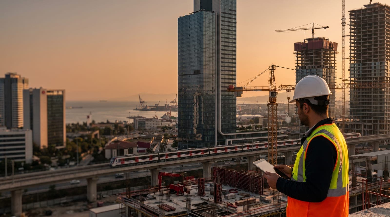 Bayraklı iş güvenliği kursu — yeni iş merkezi gökdelenleri çevresinde baretli iş güvenliği uzmanı