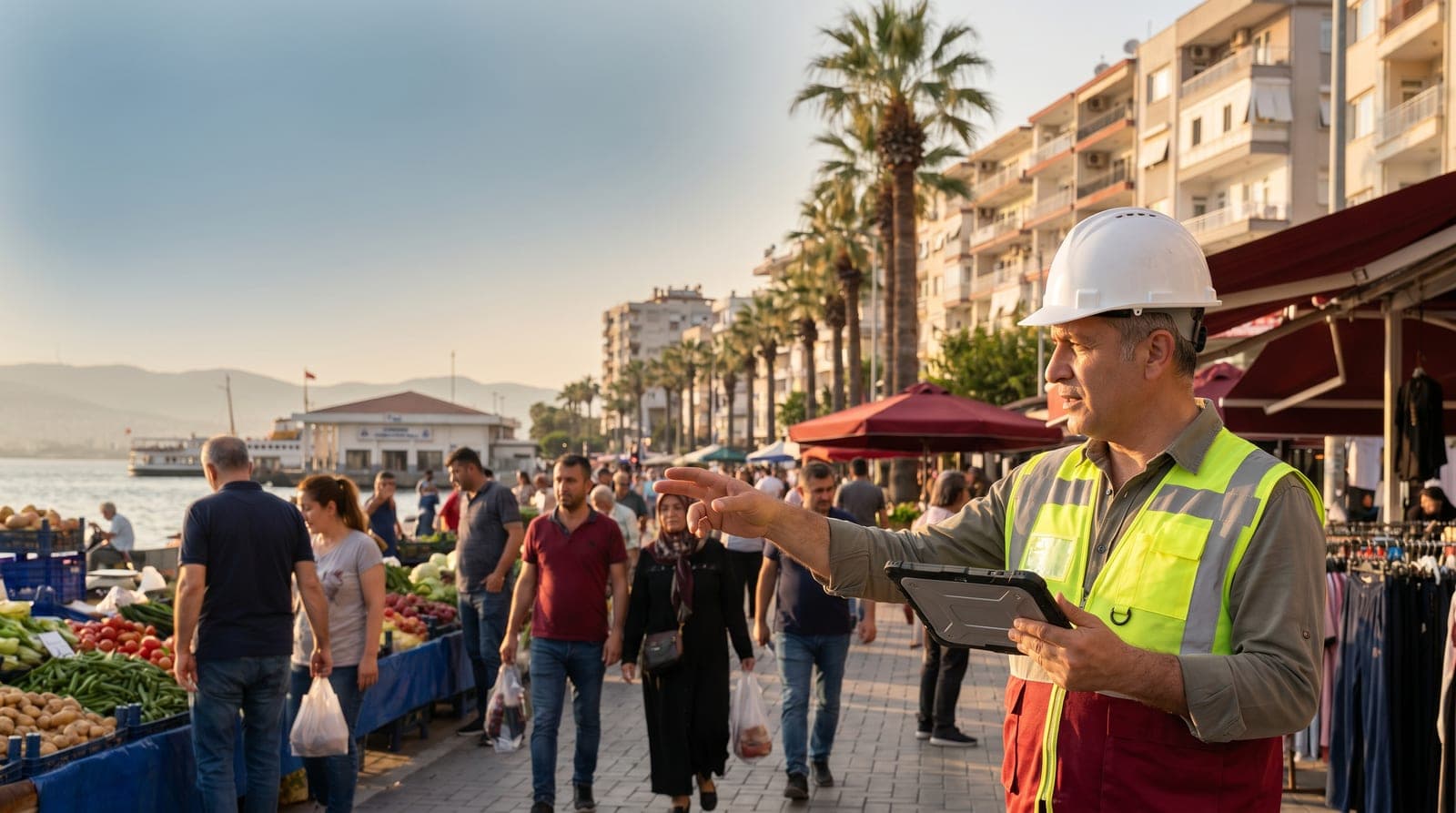 Karşıyaka iş güvenliği kursu — sahil ve Karşıyaka Çarşı çevresinde baretli iş güvenliği uzmanı