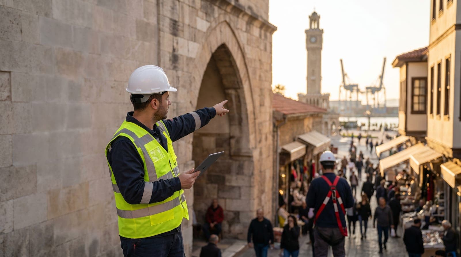 Konak iş güvenliği kursu — Kemeraltı ve Konak Meydanı çevresinde baretli iş güvenliği uzmanı